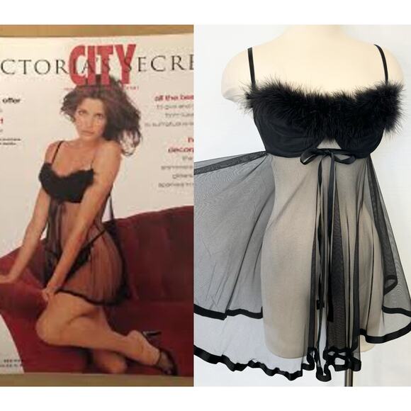 Vintage 1997 VICTORIA’S SECRET Fur Trim Sheer Babydoll Chemise 36C - Picture 1 of 12